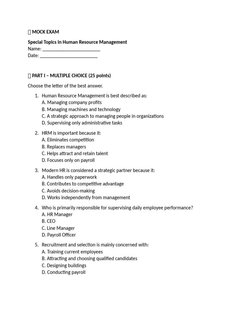? Mock Exam | PDF | Human Resource Management | Recruitment