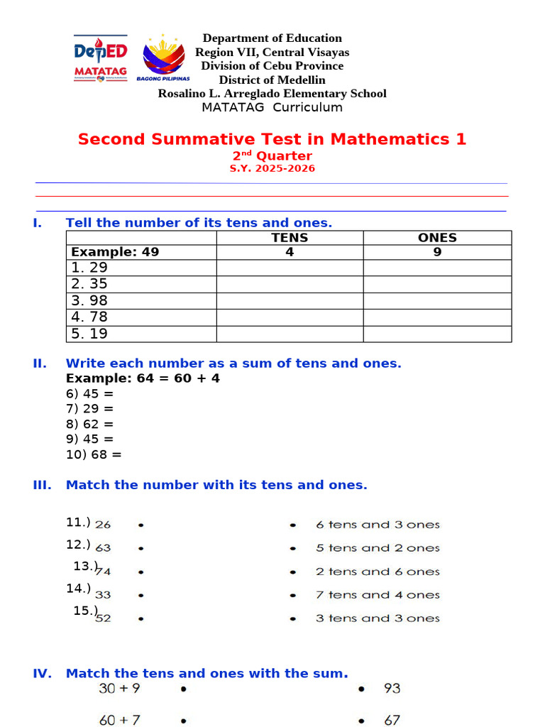 Q2 2nd Summative Test in Mathematics | PDF