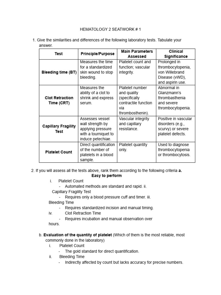 Hematology 2 SeatWork# 1 -B | PDF | Platelet | Coagulation