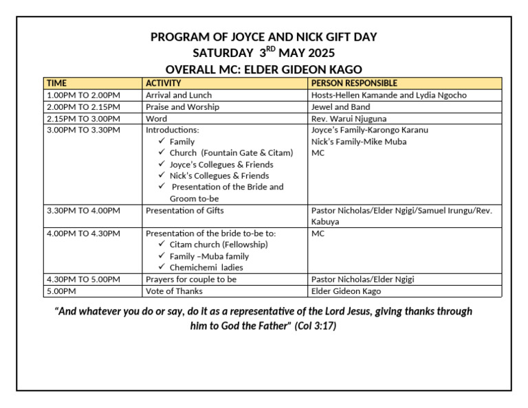 Program of Nick and Joyce Gift Day Saturday 3rd May 2025-1-1 | PDF