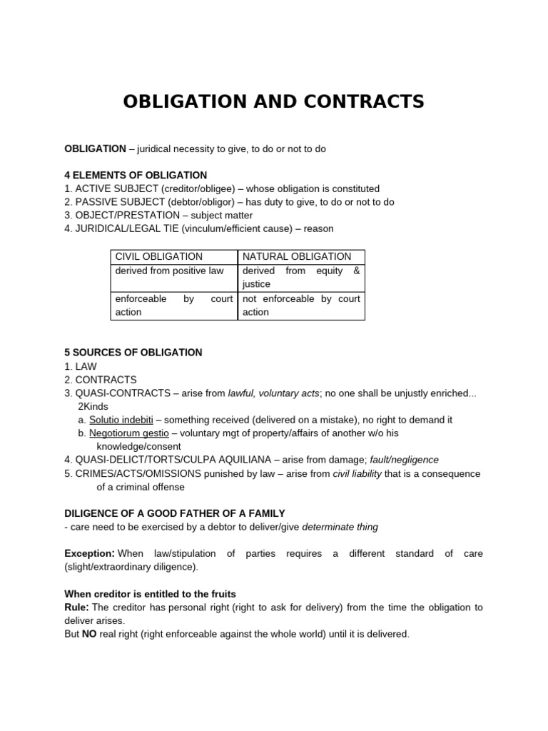 OBLIGATION AND CONTRACTS Notes | PDF | Law Of Obligations | Payments