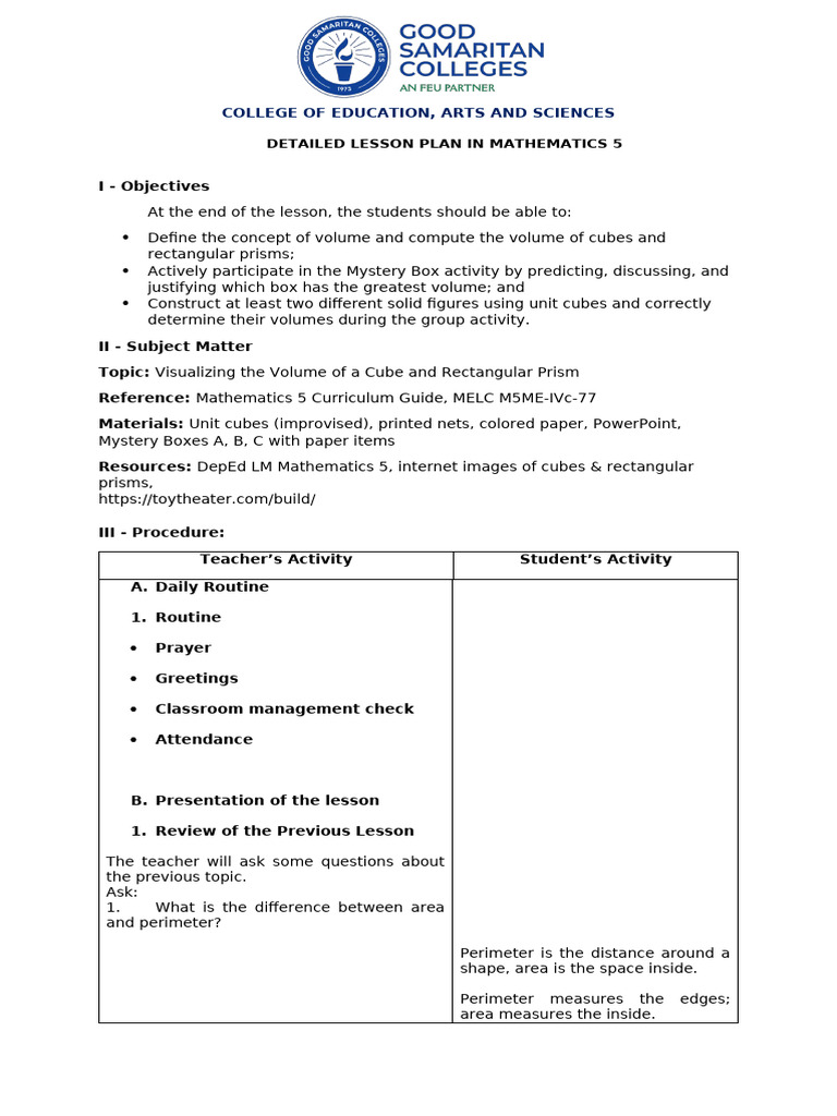 Semi Detailed Lesson Plan in Math 5 | PDF | Volume | Length