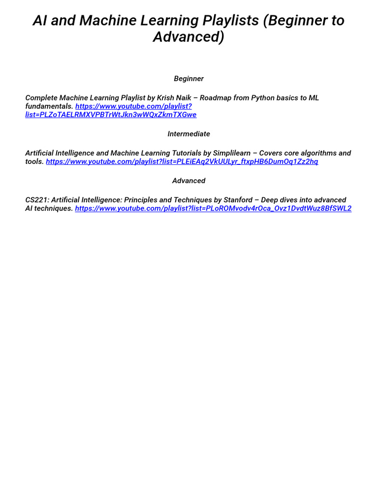 AI and Machine Learning Playlists (Beginner To Advanced) | PDF