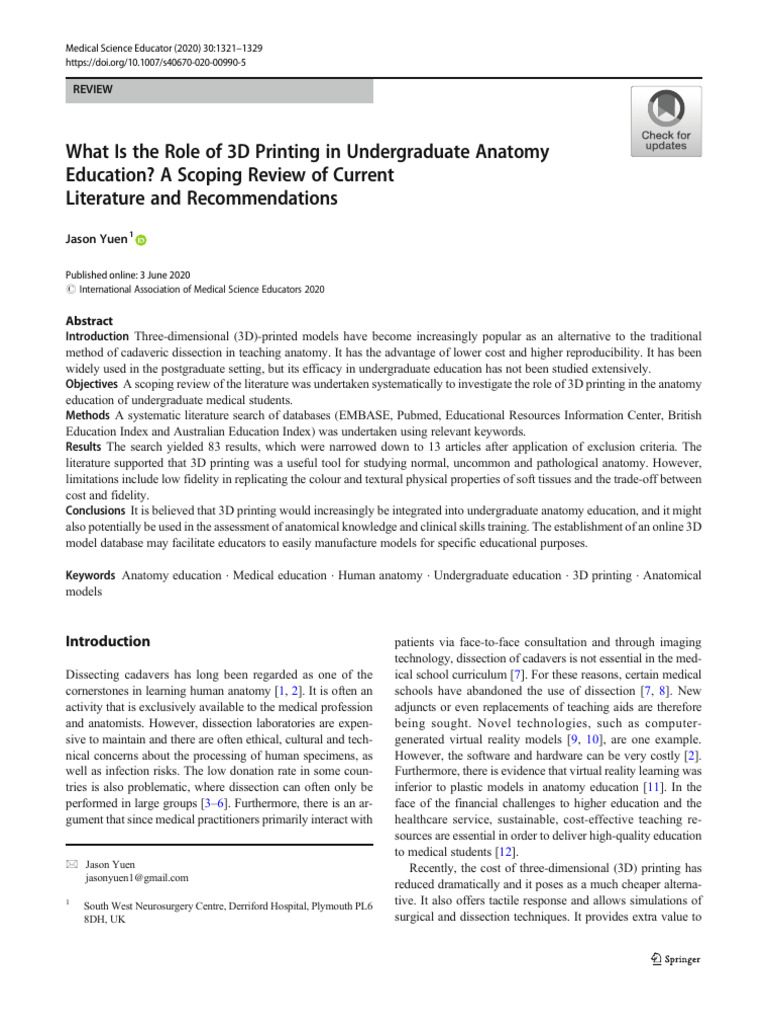 What is the Role of 3D Printing in Undergraduate Anatomy Education? a ...