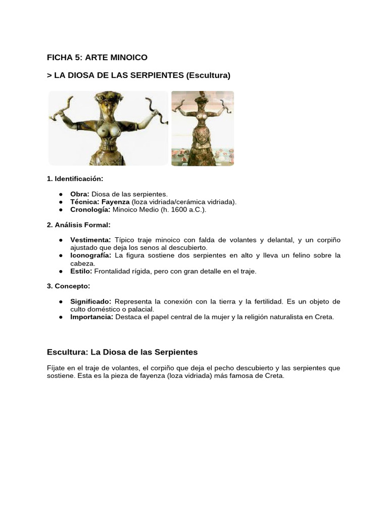 Ficha 5_ Arte Minoico _ La Diosa de Las Serpientes (Escultura) | PDF