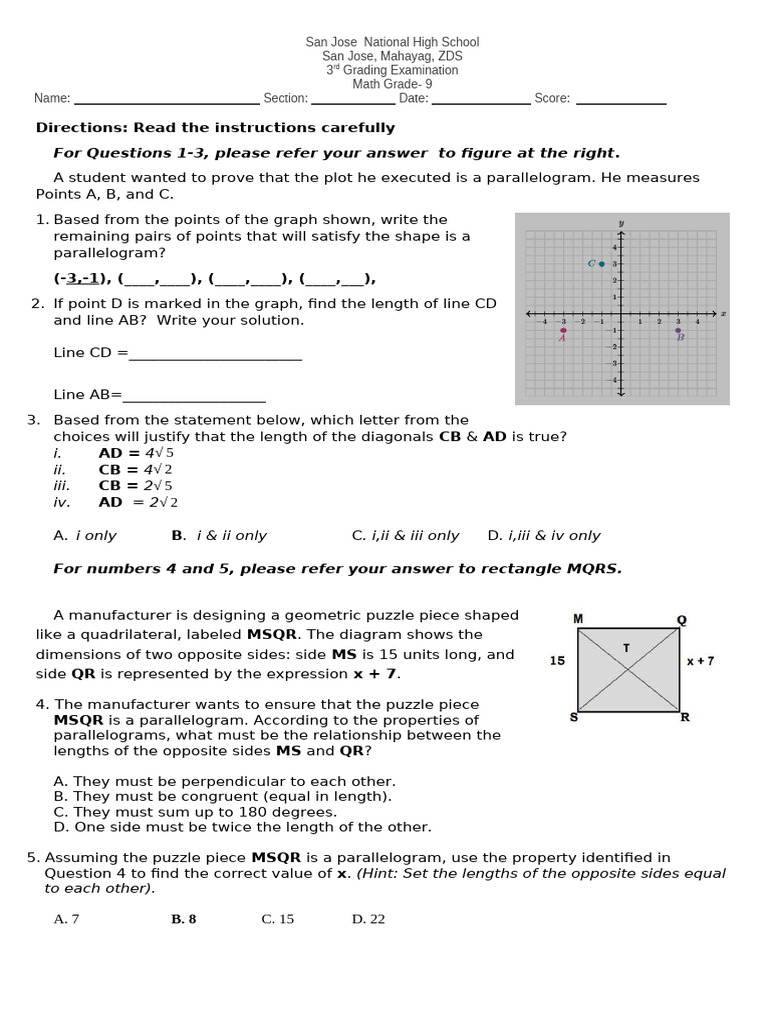 q3 Exam Math 9 Pisa-Like Tqs | PDF | Angle | Triangle