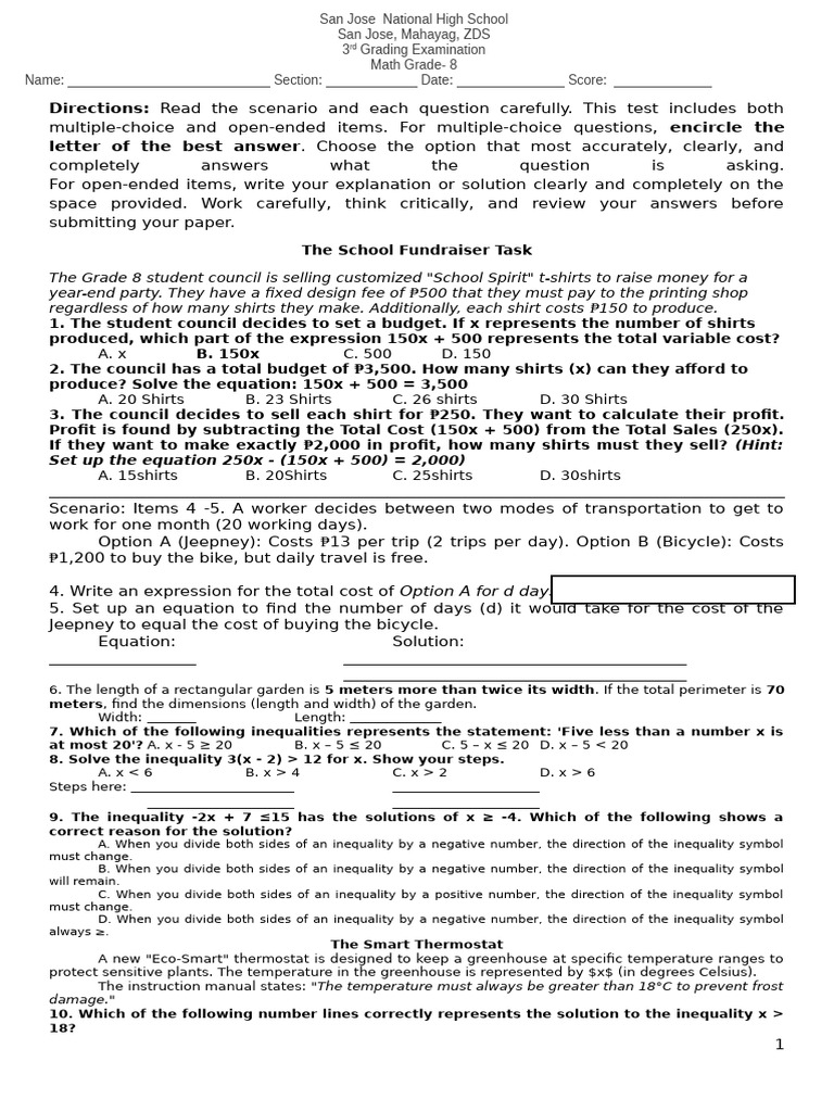 q3 Exam Math 8 Pisa-Like Tqs | PDF