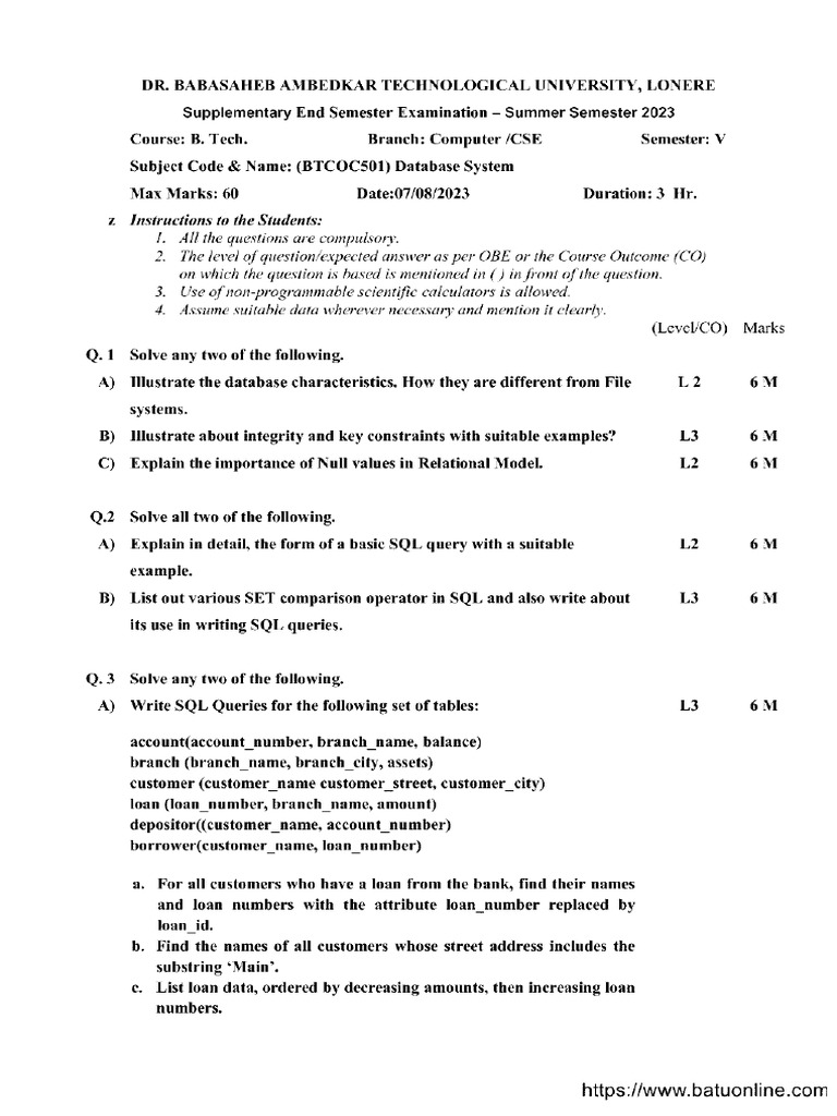 Btech Cs 5 Sem Database System Btcoc501 Aug 2023 | PDF