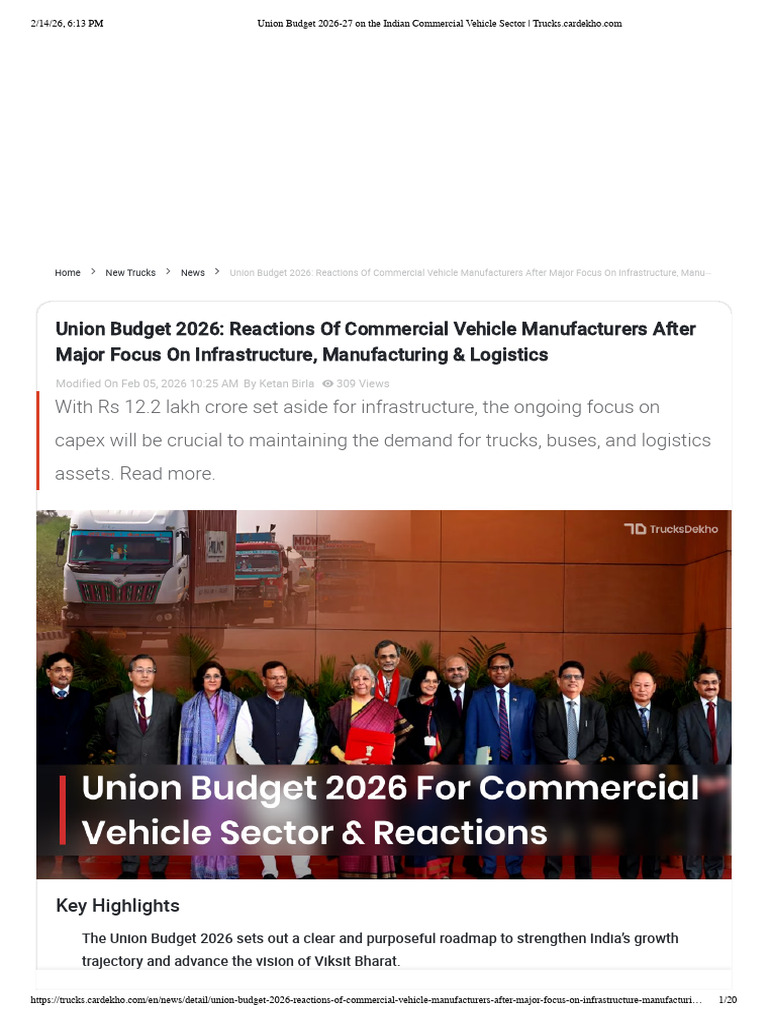 Union Budget 2026-27 On The Indian Commercial Vehicle Sector | PDF ...