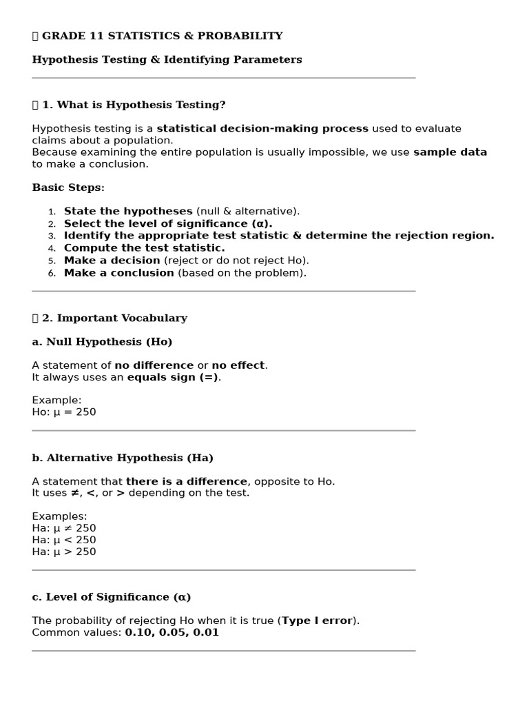? GRADE 11 STATISTICS - Hypothesis Testing | PDF | Type I And Type Ii ...