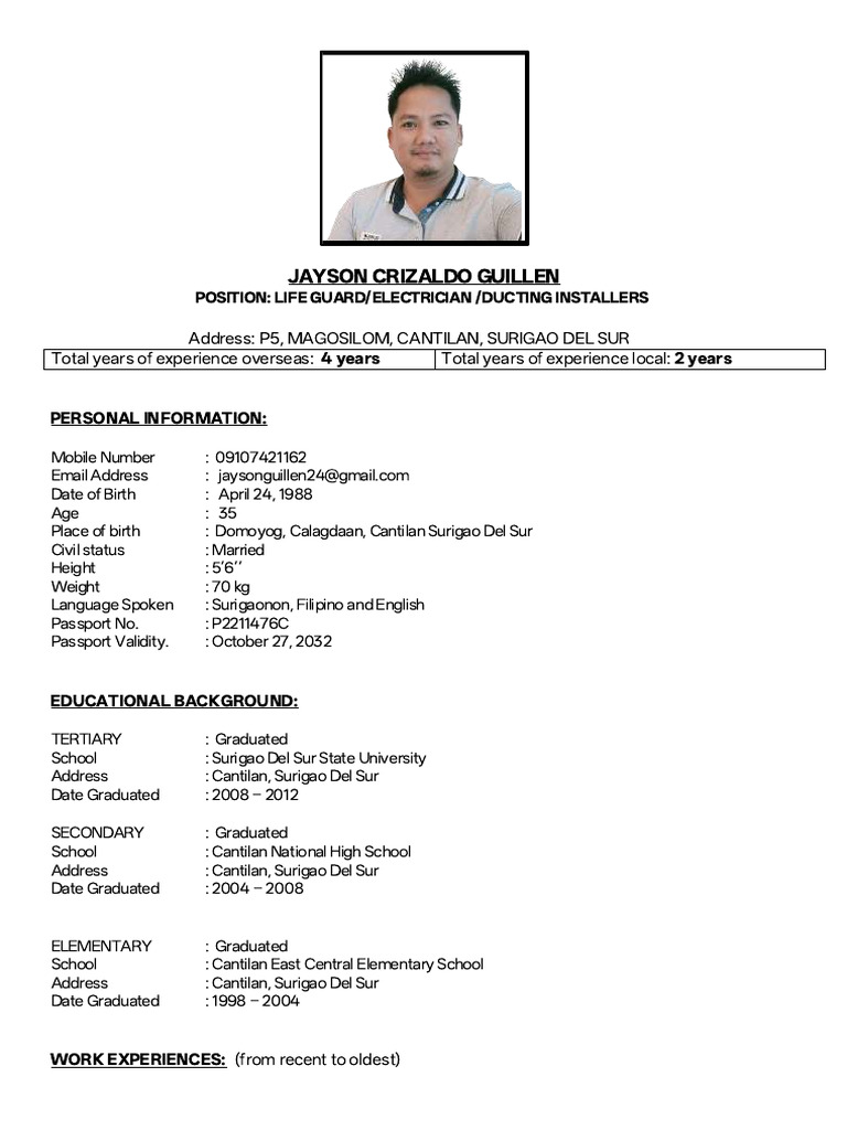 Jayson c. Guillen - Cv Format | PDF | Electrician | Wire