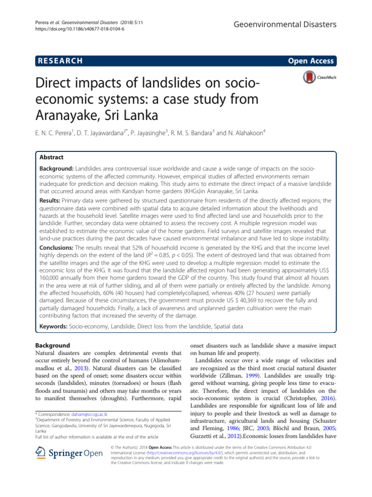 Direct Impacts of Landslides On Socio Economic Systems A Case Study ...