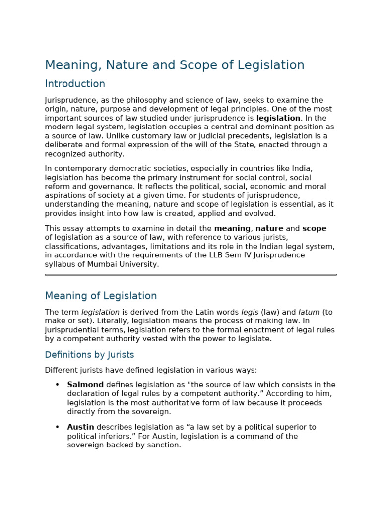 Meaning, Nature and Scope of Legislation - Jurisprudence (LLB Sem IV ...