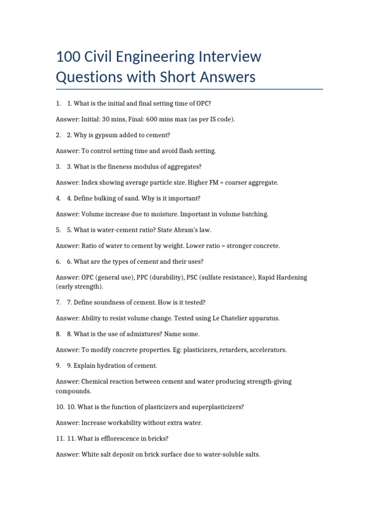 Civil Engineering 100 Questions Set 1 To 15 | PDF