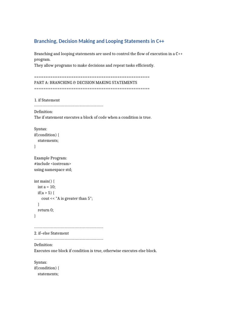 Branching and Looping Statements CPP | PDF | Namespace | C++