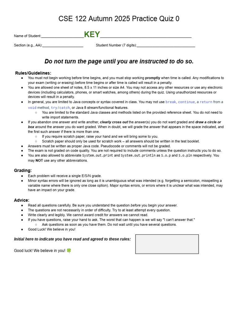 CSE 122 Autumn 25 Practice Quiz 0 (KEY) | PDF | Image Scanner ...