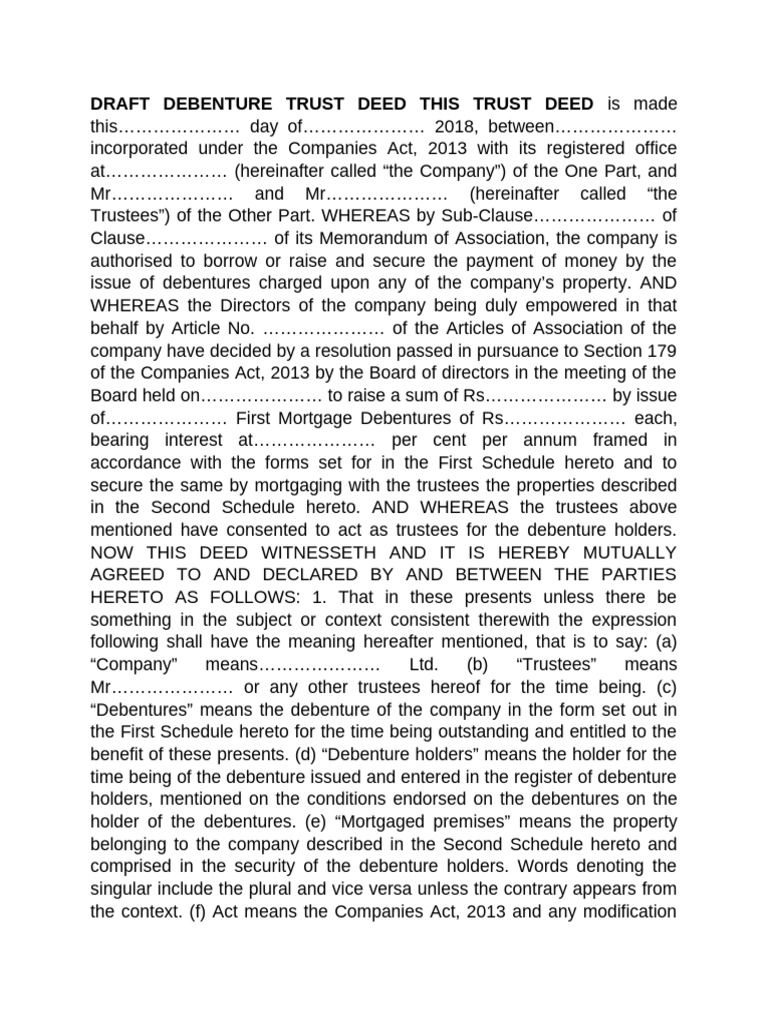 Draft Debenture Trust Deed This Trust Deed is Made This | PDF | Deed Of ...