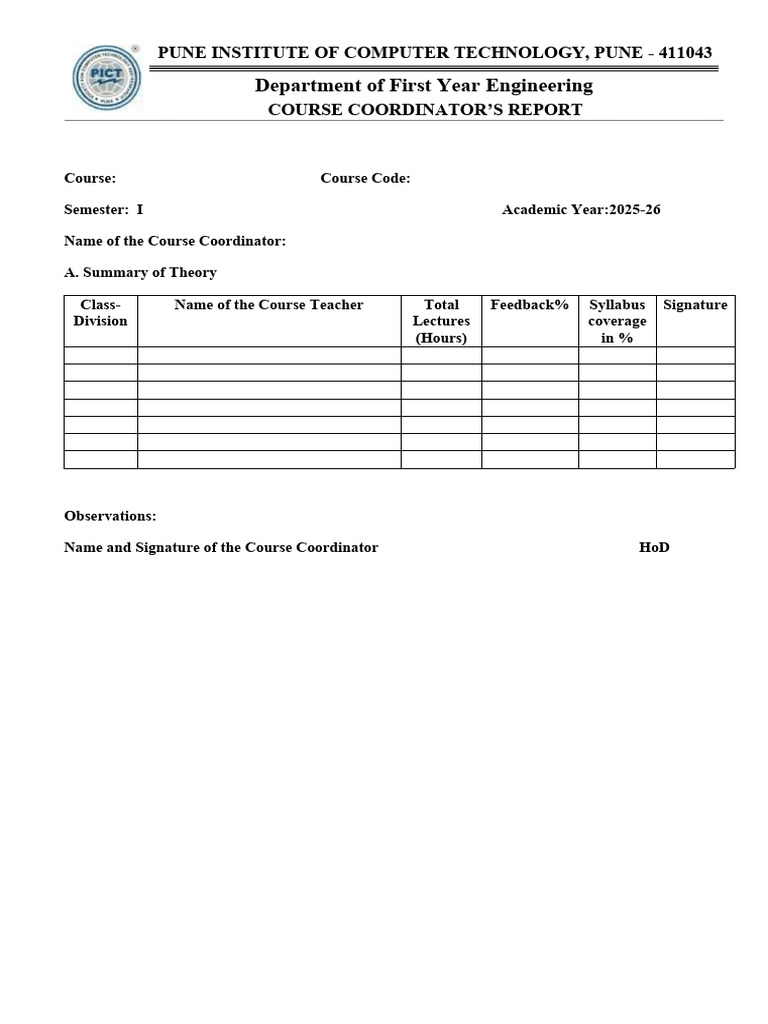Course Coordinator Report Format A.y.25-26sem1 | PDF