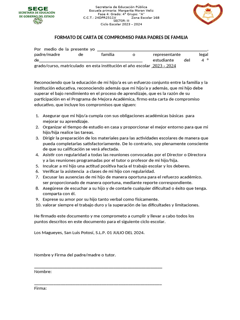 Formato de Carta de Compromiso para Padres de Familia | PDF | Educación ...