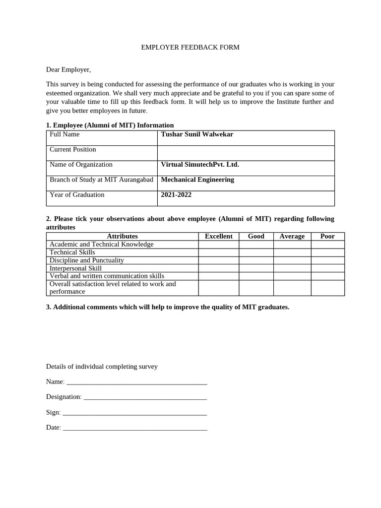 Virtual Simutech Employer Feedback Form | PDF