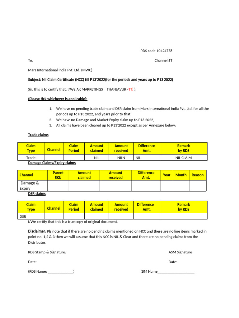 P13-2022 AK MARKETINGS Nil_Claim_Certificate | PDF