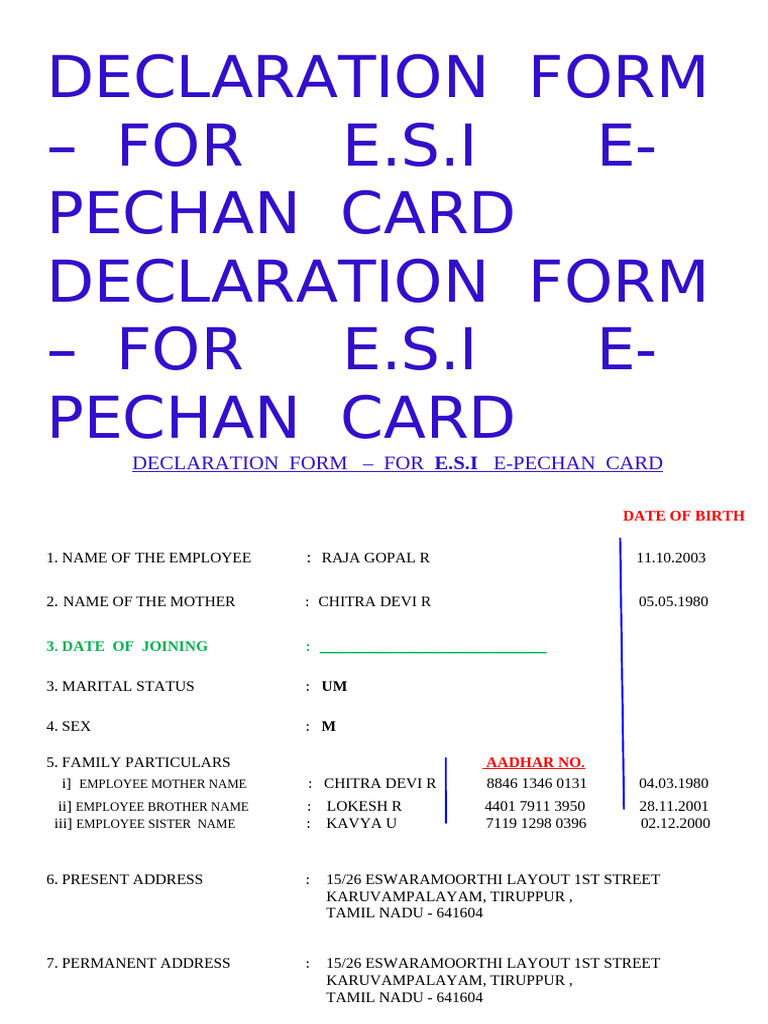 Declaration Form Esi Card Form - Final | PDF