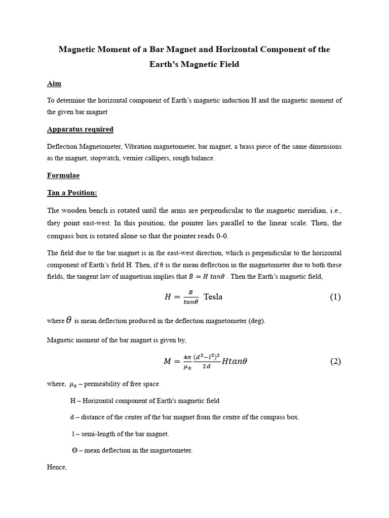 Magnetic Moment of A Bar Magnet and Horizontal Component of The Earth's ...