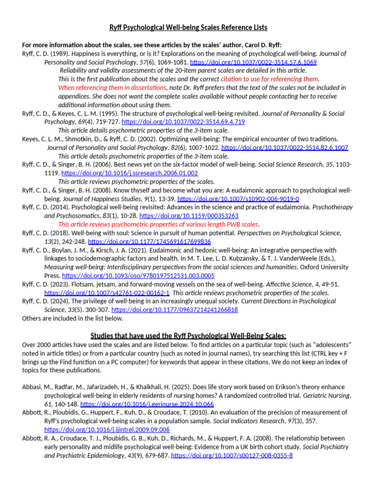 2 - Ryff PWB Reference Lists | PDF | Well Being | Psychology