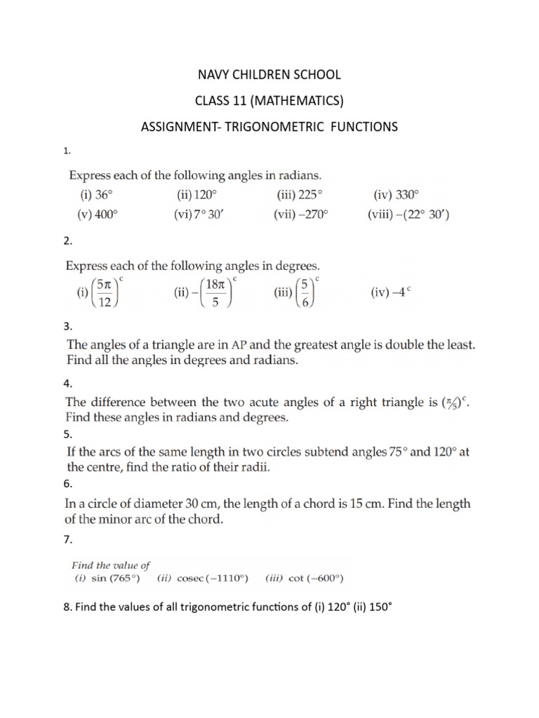 Assignment - CH 3 - Trigonometric Functions Part 1 | PDF