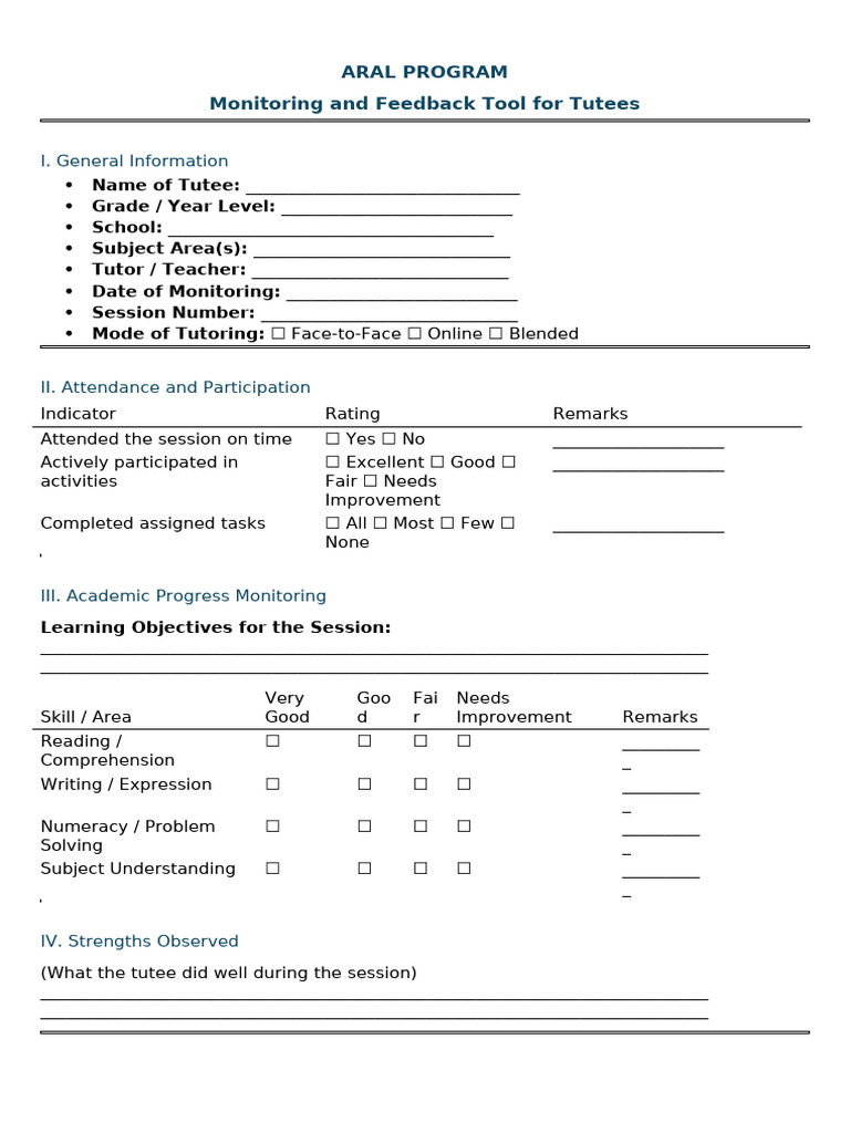 Aral Program Monitoring and Feedback Tool Tutees | PDF | Cognitive ...