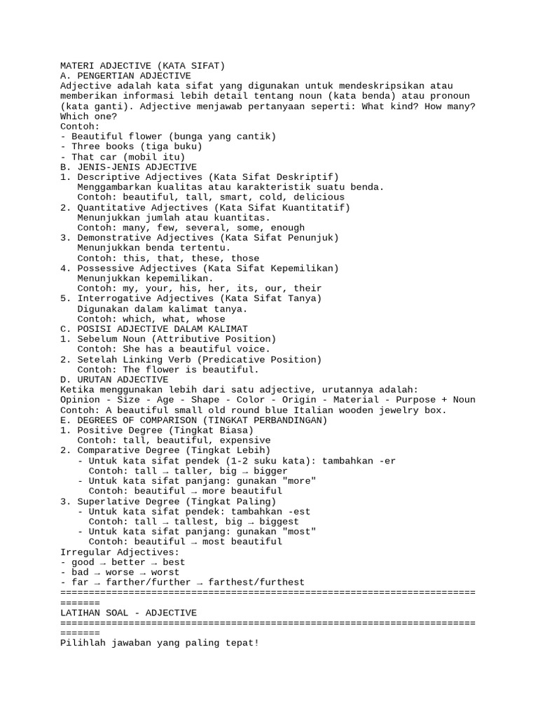 Adjective Dan Latihan Soal | PDF | Adjective | Language Mechanics