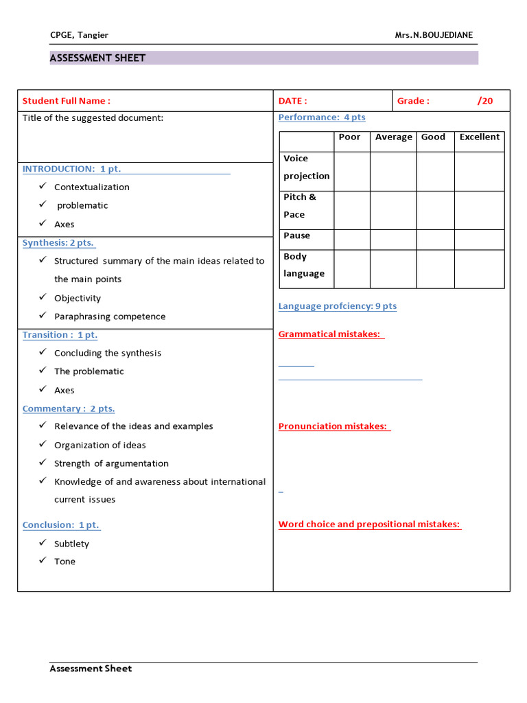 Assessment Sheet | PDF