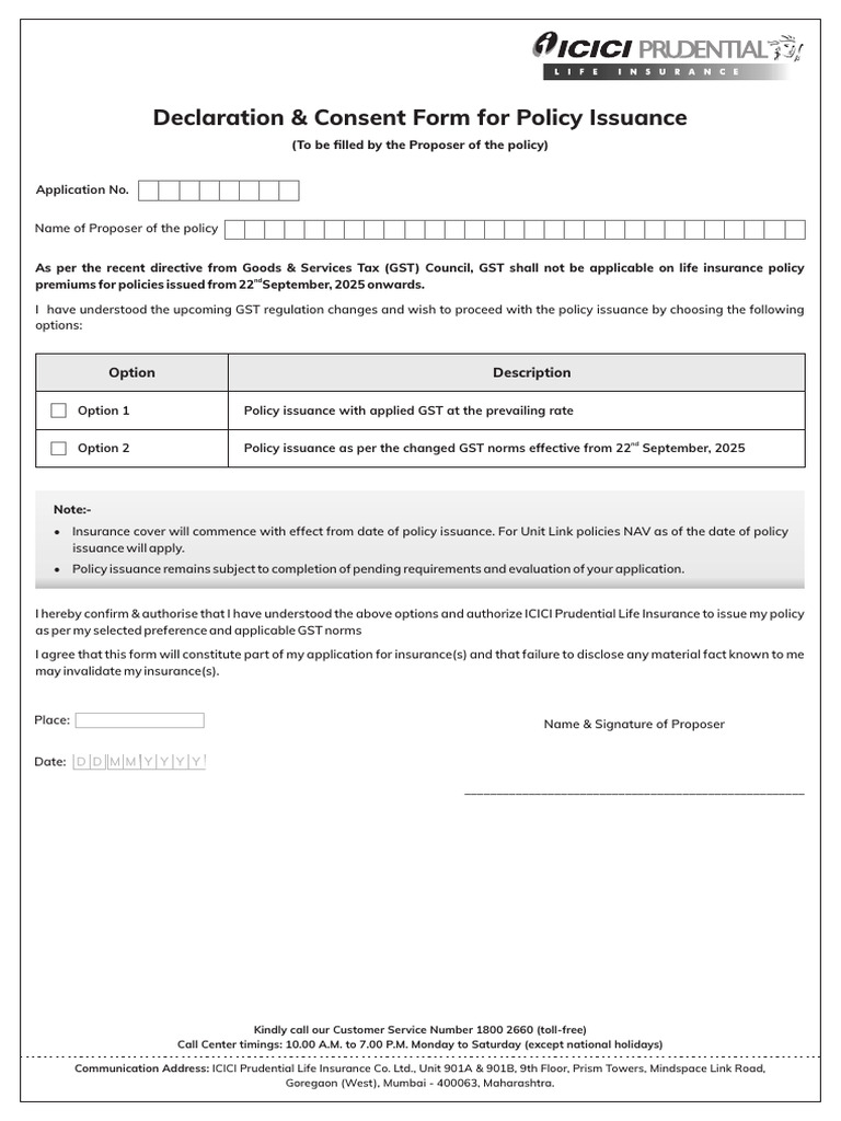 Declaration & Consent Form for Policy Issuance v1.0 | PDF