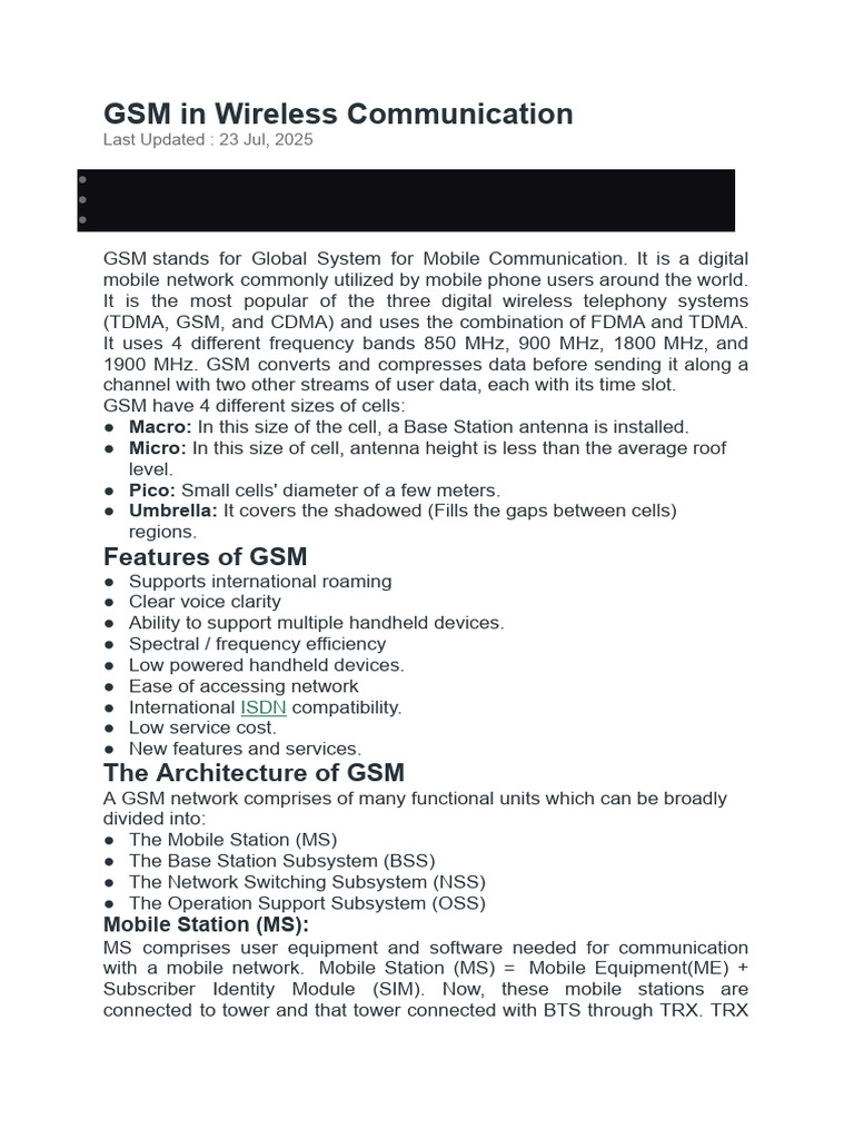 Unit 1 GSM Architecture | PDF | Wireless | Computer Engineering