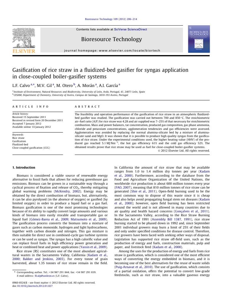 Gasification of Rice Straw in A Fluidized-Bed Gasifier For Syngas ...