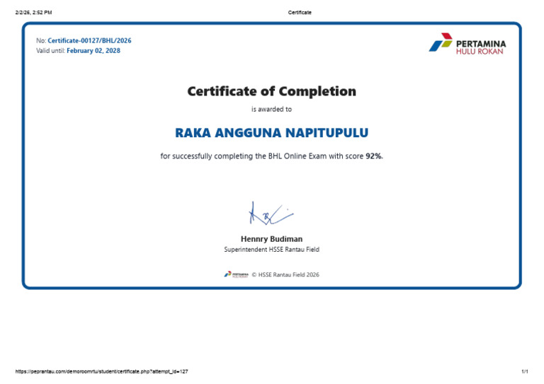 Certificate BHL Raka Angguna Napitupulu | PDF