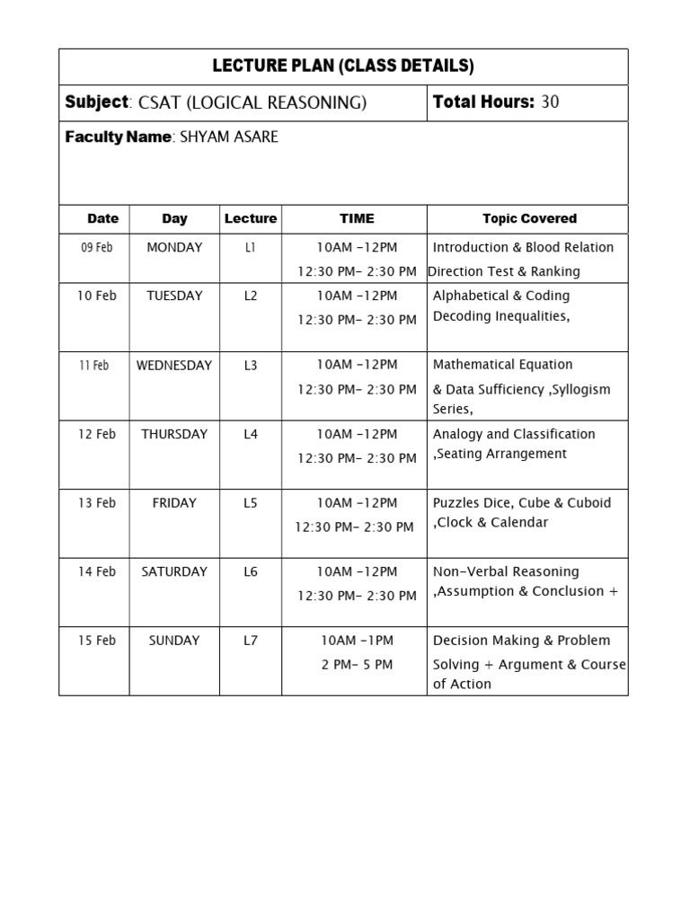 Csat (Logical Reasoning) Lecture Plan | PDF