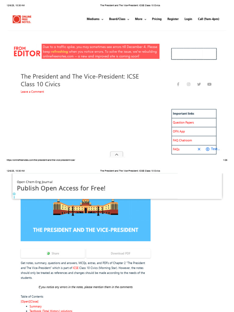 The President and The Vice-President - ICSE Class 10 Civics | PDF ...