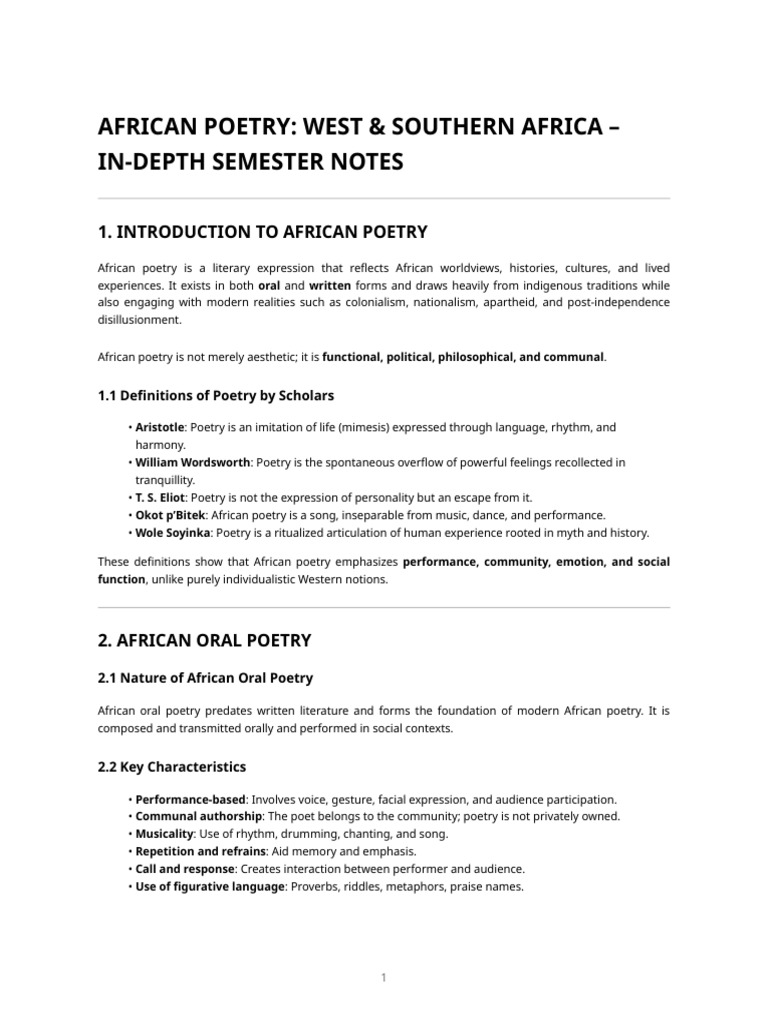 African Poetry - West & Southern Africa - Semester Notes | PDF | Poetry