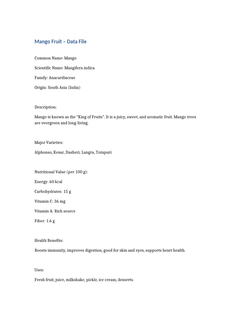 Mango Fruit Data File | PDF