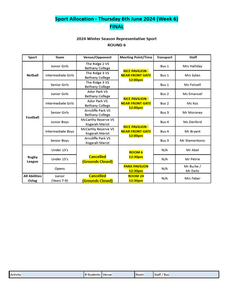 Student Sport Roster - Week 6 | PDF | Team Sports | Ball Games