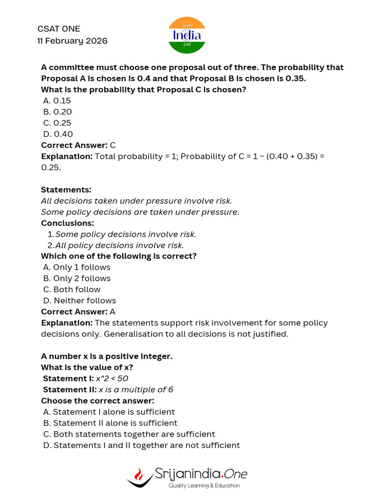 Csat One 11 February 2026 | PDF | Mathematics
