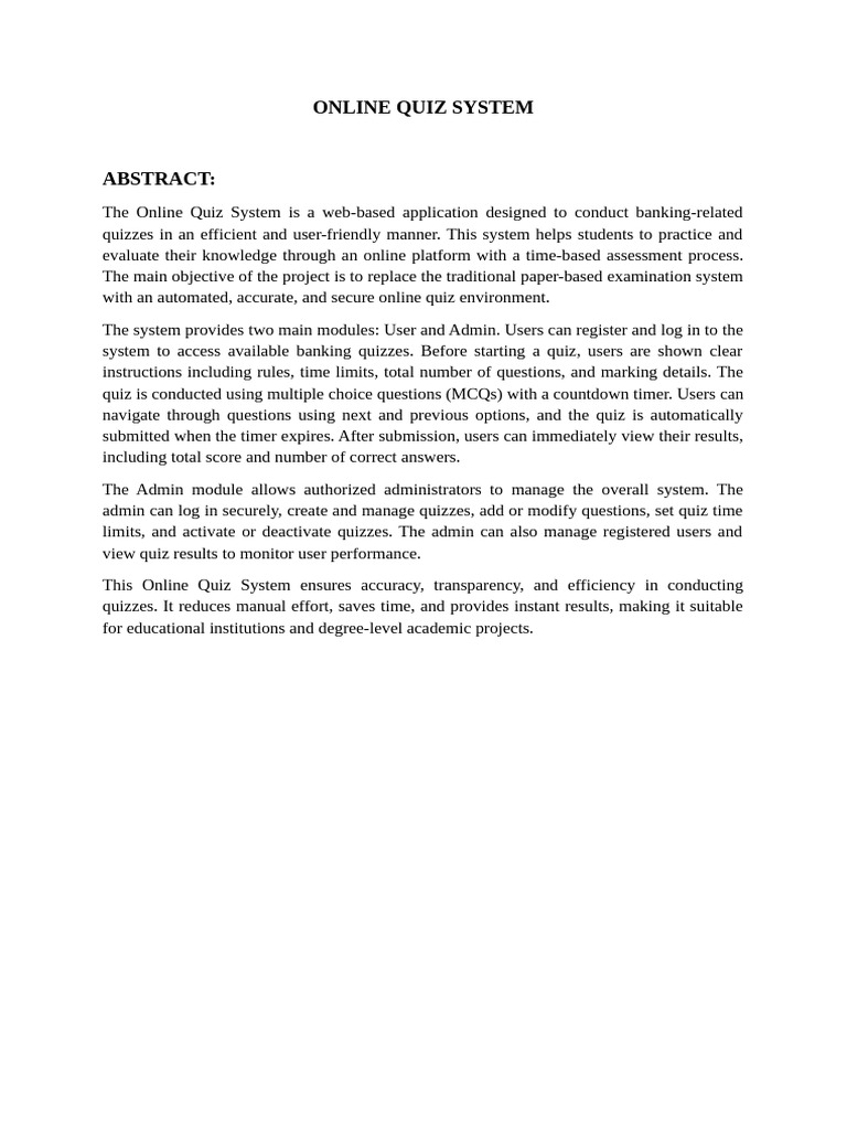 Online Quiz System Abstract | PDF