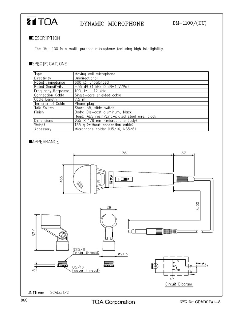 374 DM 1100 Unidirectional Microphone Specification | PDF