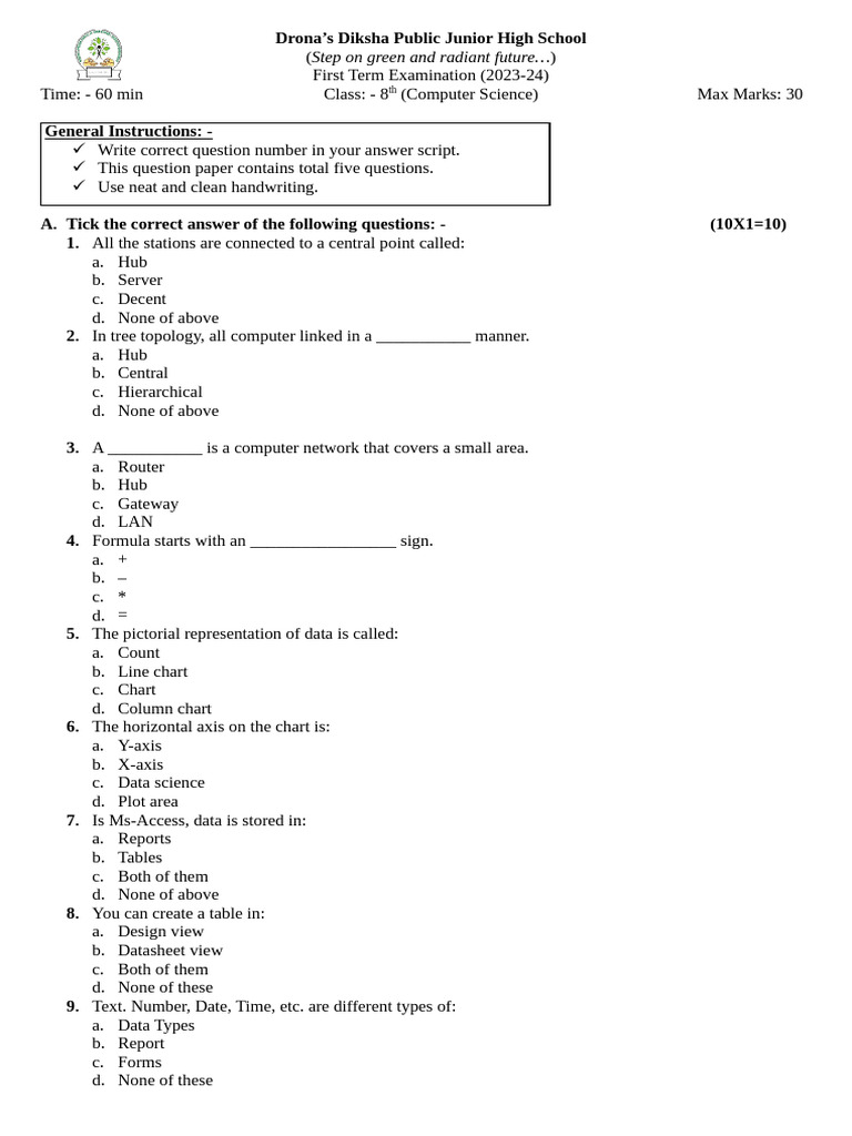 Class 8th Computetr First Term Examination 2023-24 | PDF | Network ...
