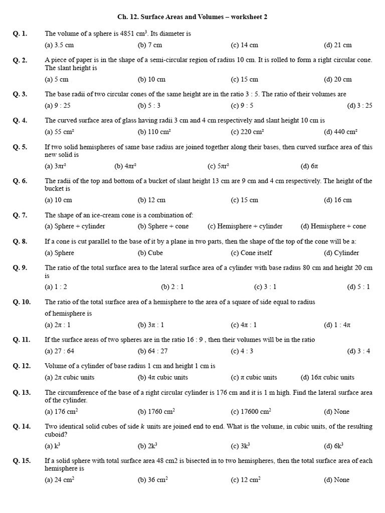 Ch. 12. Surface Areas and Volumes - Worksheet 2 | PDF | Sphere | Area