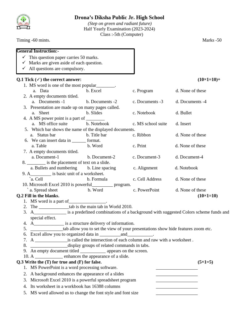 5th Computer Halfyearly Paper 23-24-1 | PDF | Microsoft Excel ...