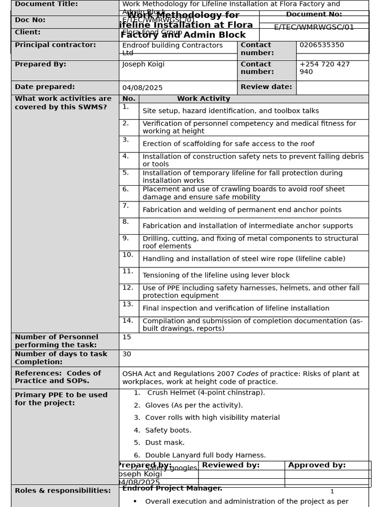 Work Methodology For Lifeline Installation at Flora Factory and Admin ...
