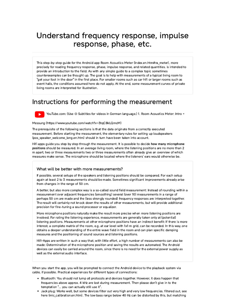 ROOM ACOUSTICS Frequency Response, Impulse Response, Phase | PDF ...