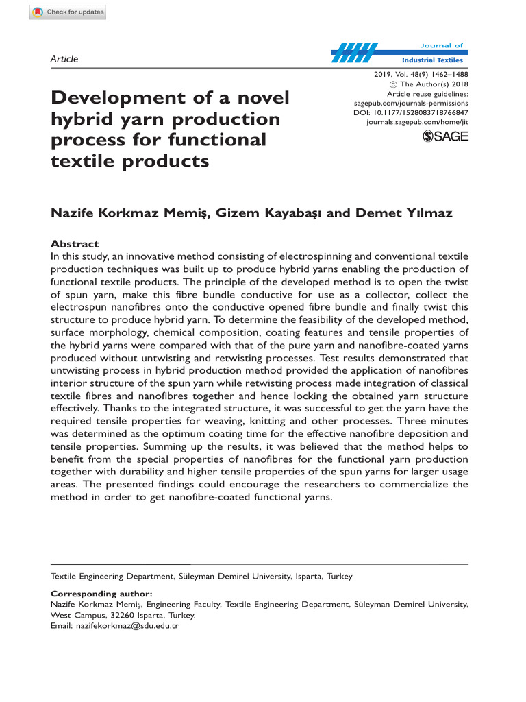 Development of a Novel Hybrid Yarn Production Process for Functional ...
